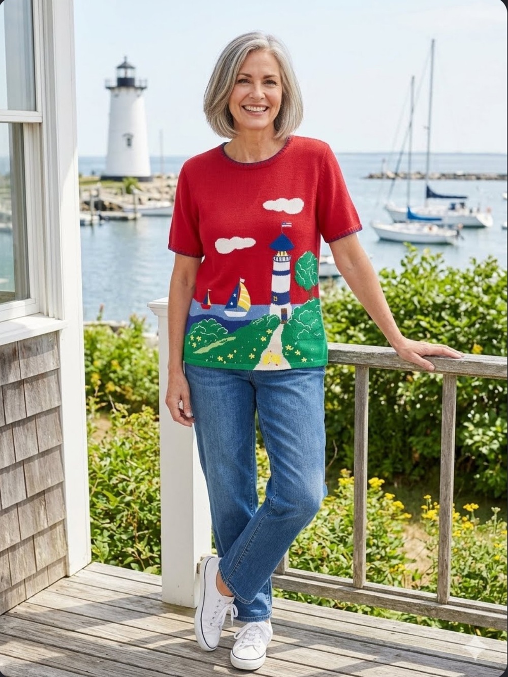 Y2K The Quaker Factory Coastal Sweater Embroidery Litehouse Sail Grannycore